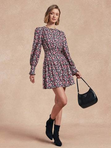 Almamuse 1pc Women's Ditsy Floral Waisted Lantern Sleeve Elegant Dress