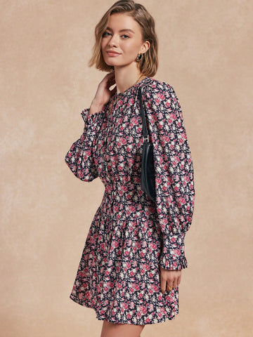 Almamuse 1pc Women's Ditsy Floral Waisted Lantern Sleeve Elegant Dress