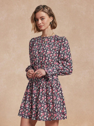 Almamuse 1pc Women's Ditsy Floral Waisted Lantern Sleeve Elegant Dress