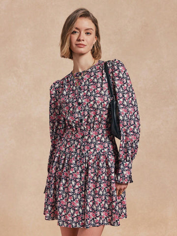Almamuse 1pc Women's Ditsy Floral Waisted Lantern Sleeve Elegant Dress