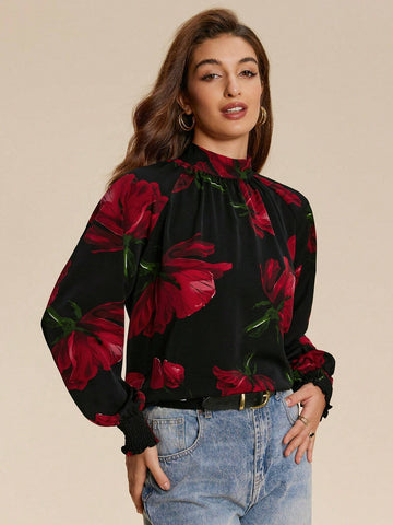 Almamuse 1pc Women's Elegant High-End Printed Tied Blouse