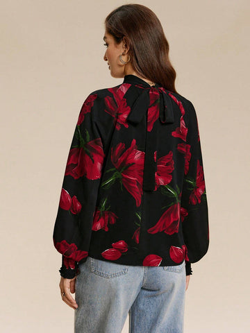 Almamuse 1pc Women's Elegant High-End Printed Tied Blouse