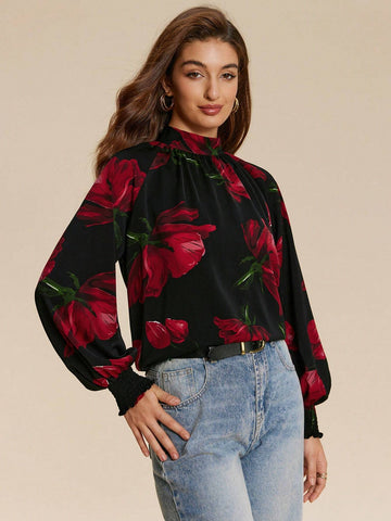 Almamuse 1pc Women's Elegant High-End Printed Tied Blouse