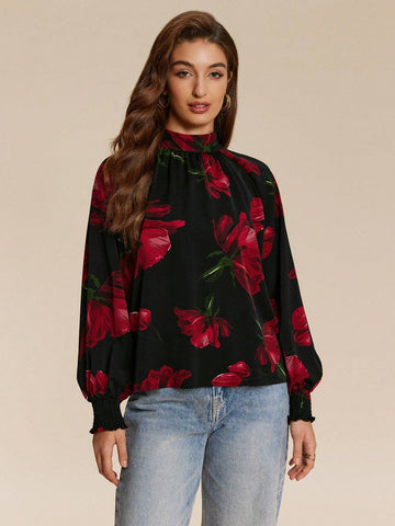 Almamuse 1pc Women's Elegant High-End Printed Tied Blouse