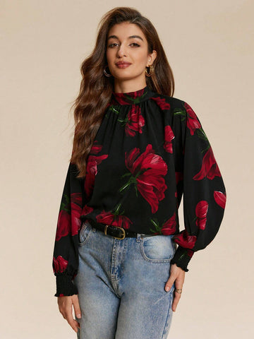 Almamuse 1pc Women's Elegant High-End Printed Tied Blouse