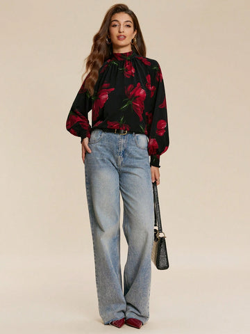 Almamuse 1pc Women's Elegant High-End Printed Tied Blouse