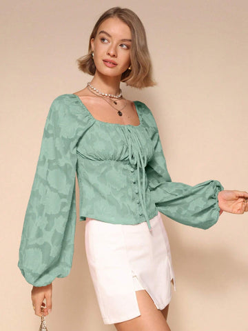 1pc Women's Front Tie Long Sleeve All Over Print Casual Shirt