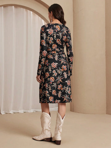 Almamuse Casual Floral Print Waist Cinched Vacation Dress