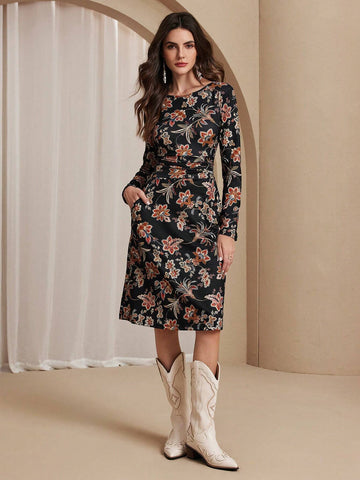 Almamuse Casual Floral Print Waist Cinched Vacation Dress
