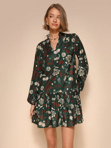 Almamuse Casual Loose Green Long Sleeve Print Dress