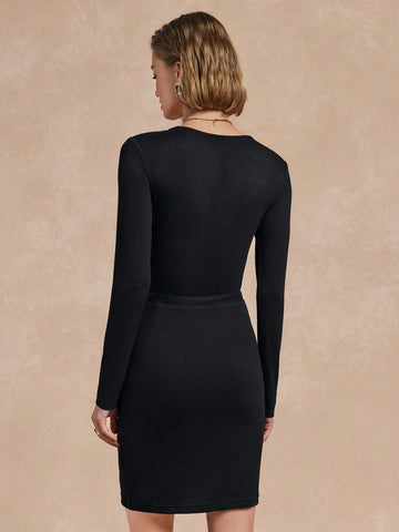 Almamuse Elegant Rib Knit Long Sleeve Women Dress