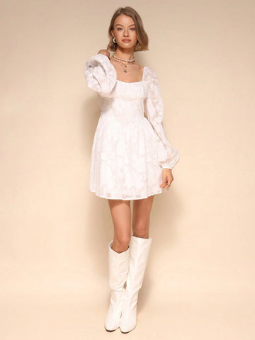 Almamuse Elegant Romantic Fashionable Jacquard Print Long Sleeve Short Dress