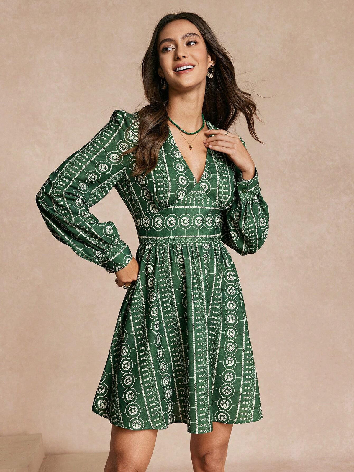Almamuse Elegant Women Printed Long Sleeve Short Dress