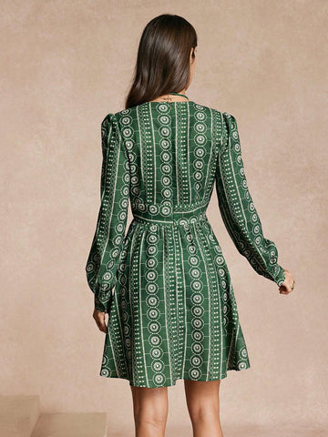 Almamuse Elegant Women Printed Long Sleeve Short Dress
