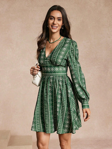 Almamuse Elegant Women Printed Long Sleeve Short Dress