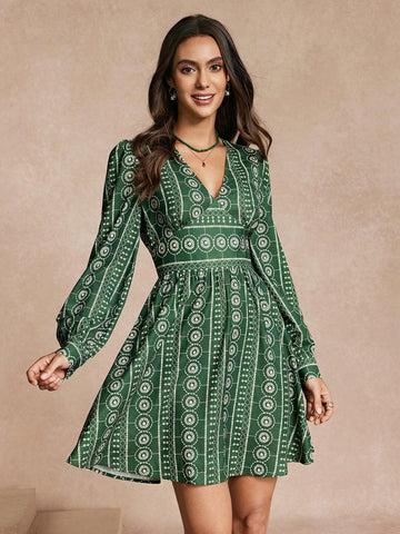 Almamuse Elegant Women Printed Long Sleeve Short Dress
