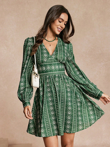 Almamuse Elegant Women Printed Long Sleeve Short Dress