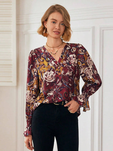 Women Casual Everyday V-Neck Vintage All-Over Print Shirt, Autumn