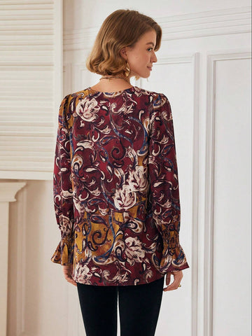 Women Casual Everyday V-Neck Vintage All-Over Print Shirt, Autumn