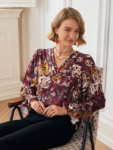 Women Casual Everyday V-Neck Vintage All-Over Print Shirt, Autumn