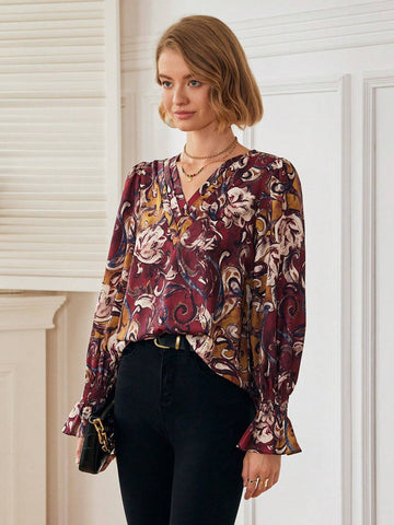 Women Casual Everyday V-Neck Vintage All-Over Print Shirt, Autumn