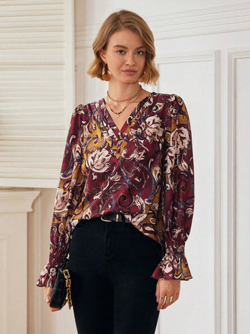 Women Casual Everyday V-Neck Vintage All-Over Print Shirt, Autumn