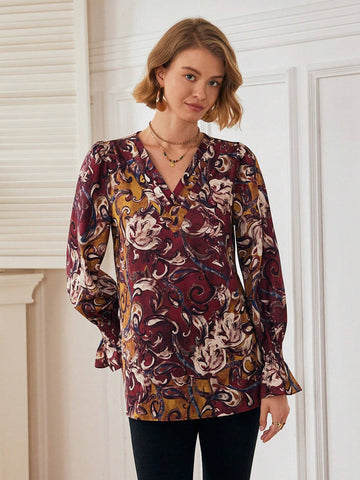 Women Casual Everyday V-Neck Vintage All-Over Print Shirt, Autumn