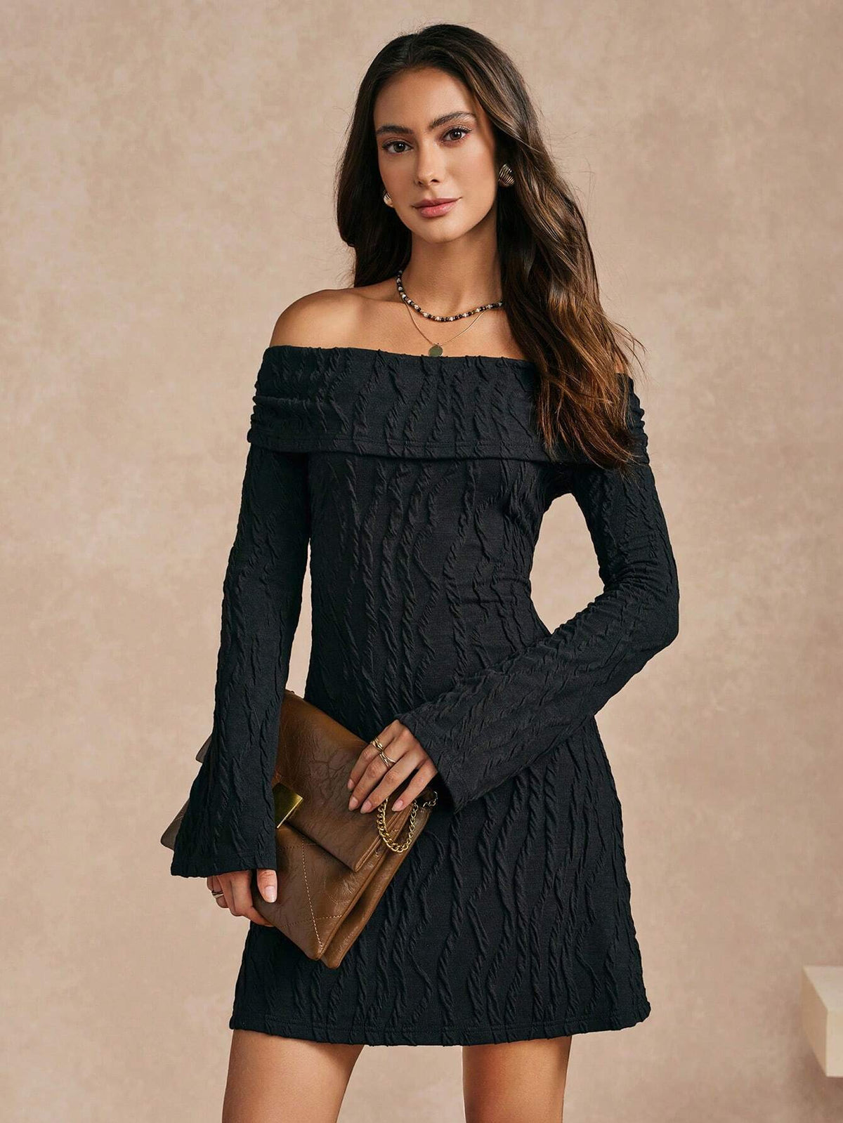 Almamuse Women Casual Off-Shoulder Textured Knit Mini Dress, Autumn