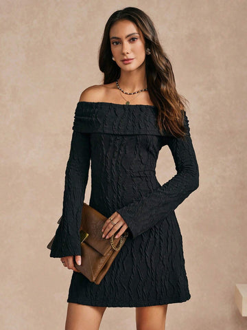 Almamuse Women Casual Off-Shoulder Textured Knit Mini Dress, Autumn