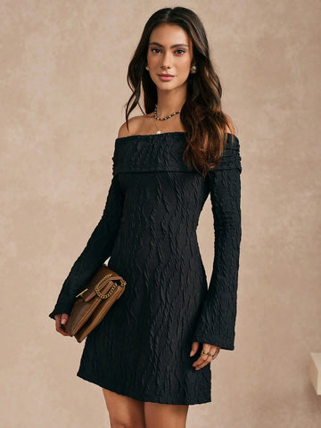 Almamuse Women Casual Off-Shoulder Textured Knit Mini Dress, Autumn