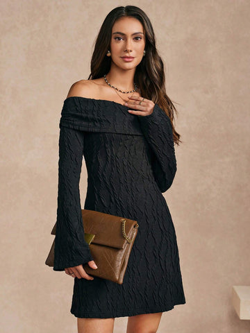 Almamuse Women Casual Off-Shoulder Textured Knit Mini Dress, Autumn