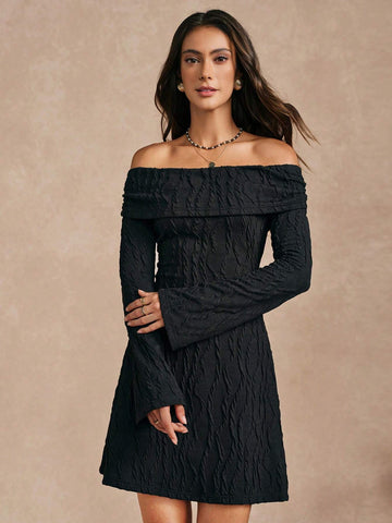 Almamuse Women Casual Off-Shoulder Textured Knit Mini Dress, Autumn