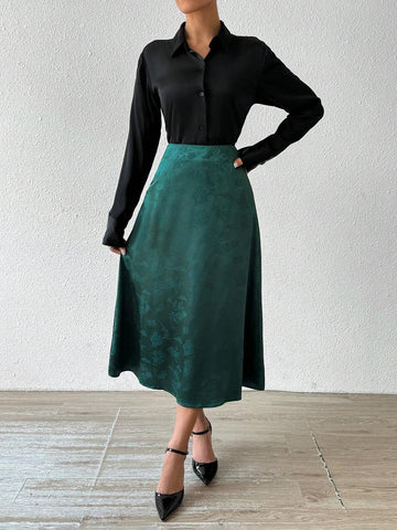 Almamuse Women Elegant Floral Jacquard Pleated Skirt, Autumn