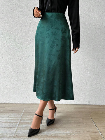 Almamuse Women Elegant Floral Jacquard Pleated Skirt, Autumn