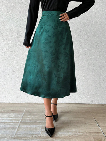 Almamuse Women Elegant Floral Jacquard Pleated Skirt, Autumn