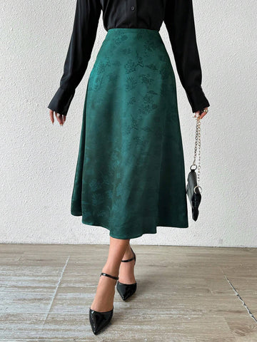 Almamuse Women Elegant Floral Jacquard Pleated Skirt, Autumn