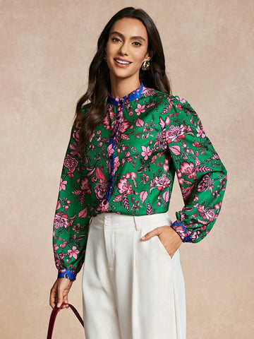 Women Floral Print Front Button Long Sleeve Casual Top,