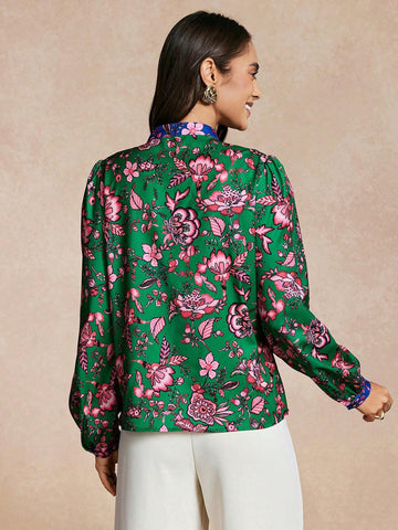 Women Floral Print Front Button Long Sleeve Casual Top,