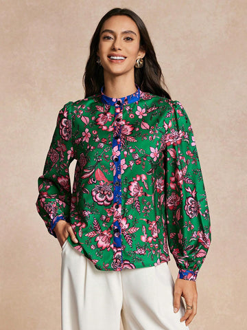Women Floral Print Front Button Long Sleeve Casual Top,