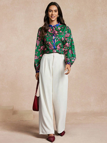 Women Floral Print Front Button Long Sleeve Casual Top,