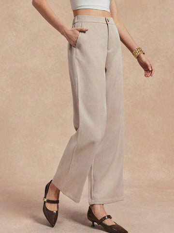 Almamuse Women Plain Front Button Pocket Minimalist Long Pants,Casual Daily Wear