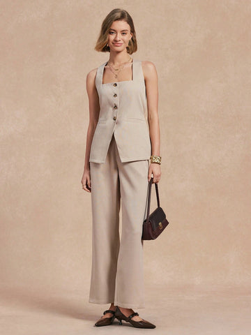 Almamuse Women Plain Front Button Pocket Minimalist Long Pants,Casual Daily Wear