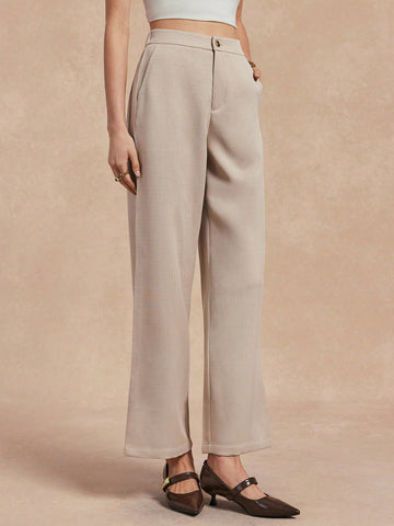 Almamuse Women Plain Front Button Pocket Minimalist Long Pants,Casual Daily Wear