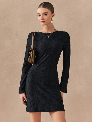 Almamuse Women Solid Color Crew Neck Long Sleeve Simple Short Casual Dress