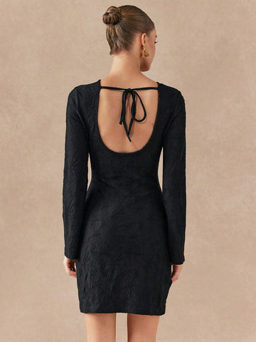 Almamuse Women Solid Color Crew Neck Long Sleeve Simple Short Casual Dress