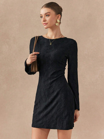 Almamuse Women Solid Color Crew Neck Long Sleeve Simple Short Casual Dress