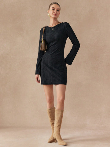 Almamuse Women Solid Color Crew Neck Long Sleeve Simple Short Casual Dress