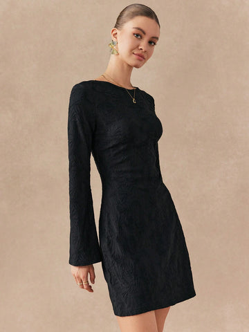 Almamuse Women Solid Color Crew Neck Long Sleeve Simple Short Casual Dress