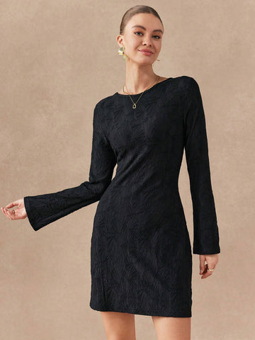 Almamuse Women Solid Color Crew Neck Long Sleeve Simple Short Casual Dress