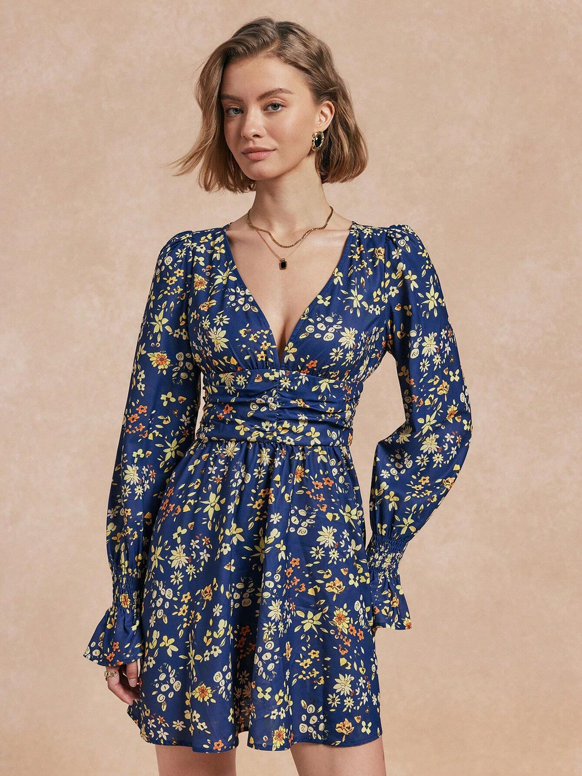 Almamuse Women V-Neck Long Sleeve Floral Print Casual Short Dress